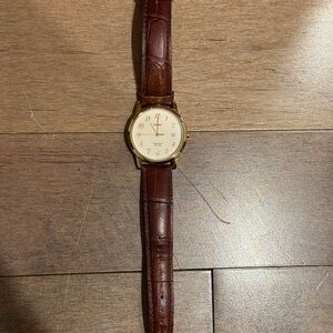Timex Gold Watch with Brown Leather Strap